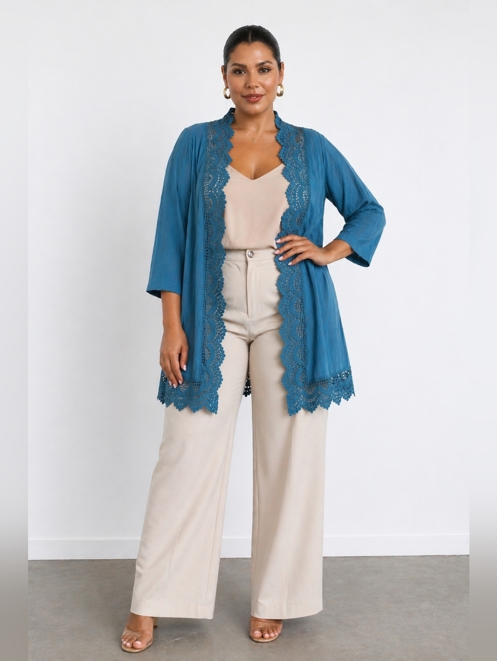 Roaman’s Teal Blue Lace Trim Open Front Cardigan Top Size L. - Picture 2 of 7